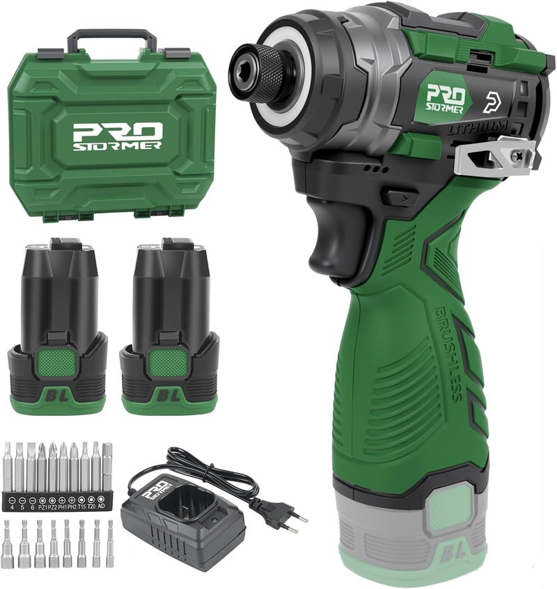 Prostormer 17V Cordless Impact Driver Set, 140Nm Brushless Screwdriver with 3 Variable Speed, 1/4” Hex Chuck, 18 Pcs Bits, 1.5Ah Batteries & Charger - Image 1